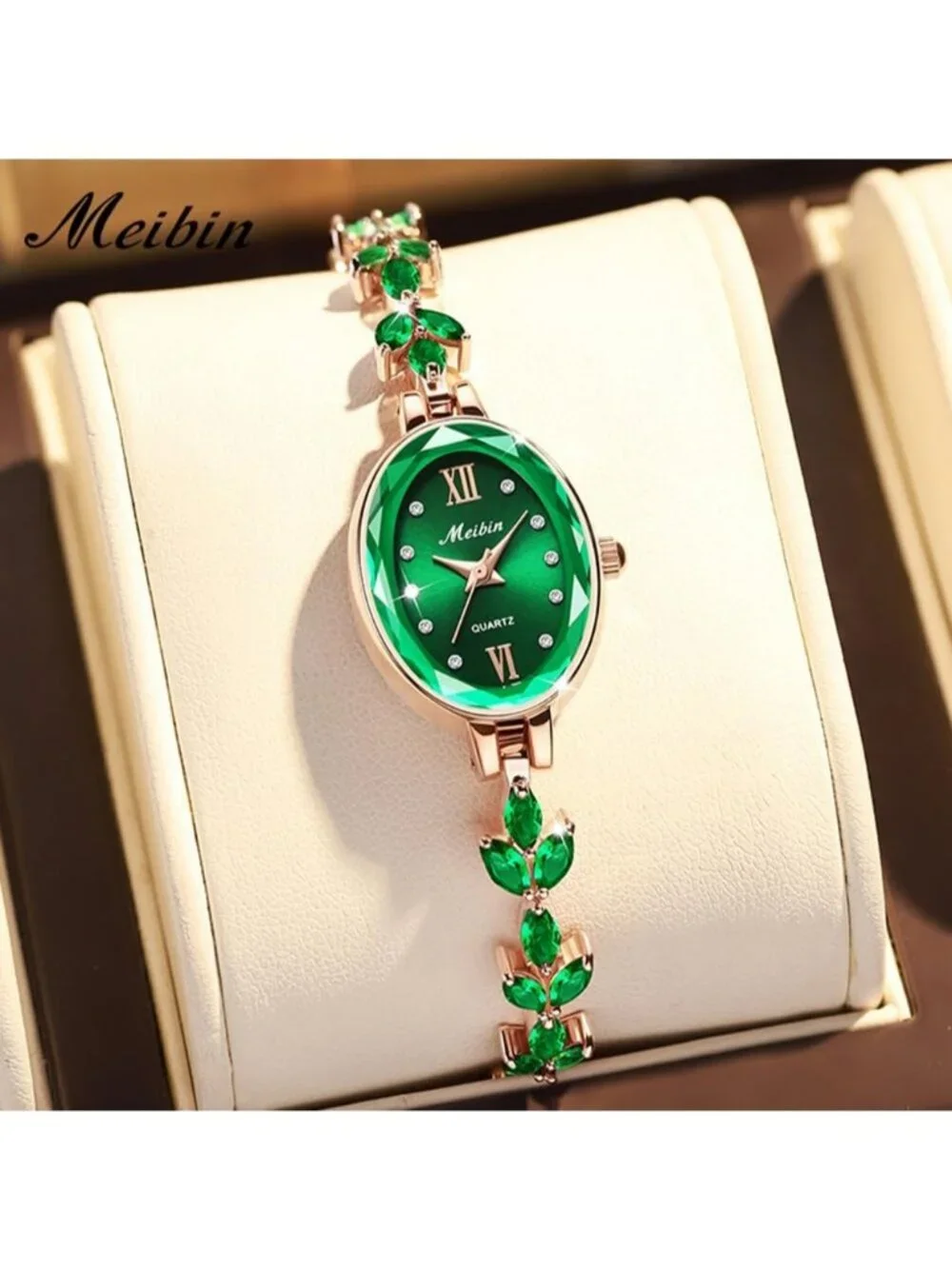 Women's Green Crystal Diamond Bangle Ladies Bracelet Luxury Oval Gold Watches